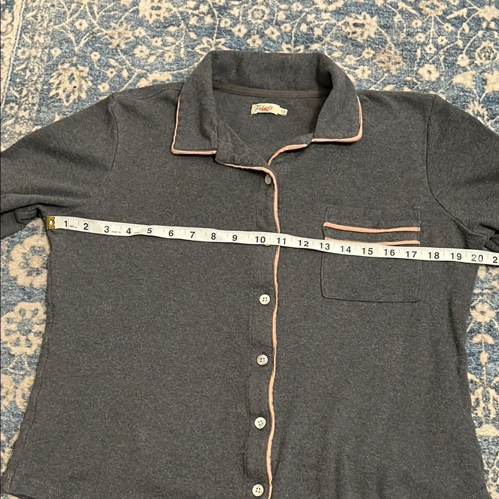 Faherty Gray Button-Up Pajama Top Pink Trim Top Only Loungewear Sleep - Picture 7 of 8